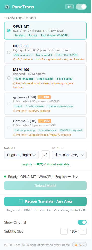 Translation model picker